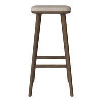 Natural wood bar stool with a light beige upholstered seat, featuring a smooth finish and minimalist design.