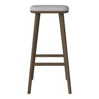 Wooden bar stool with a dark brown finish and a light gray upholstered seat. Simple, modern design.