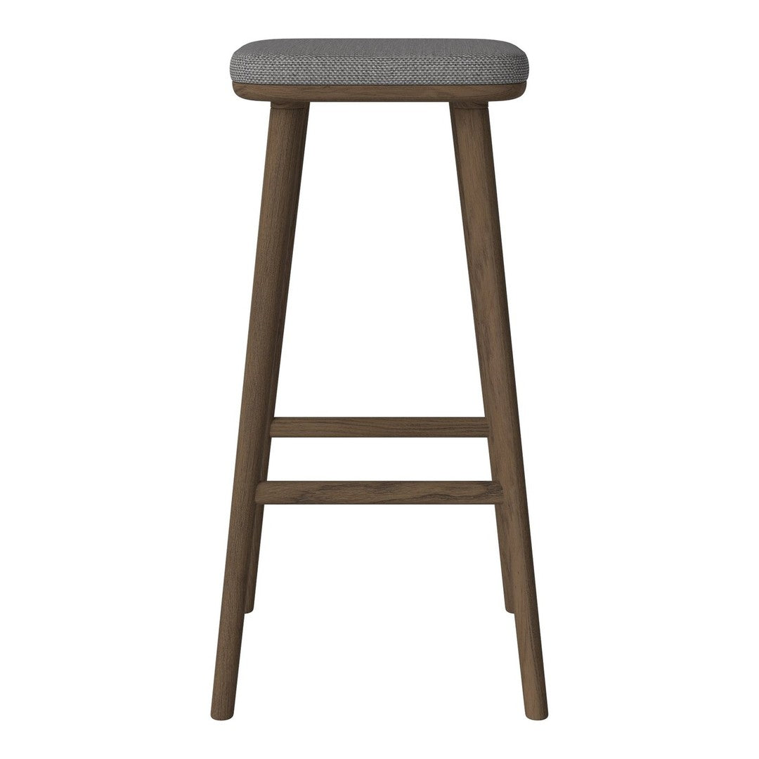 Gray upholstered stool with a natural wood finish and simple design. Perfect for modern decor.