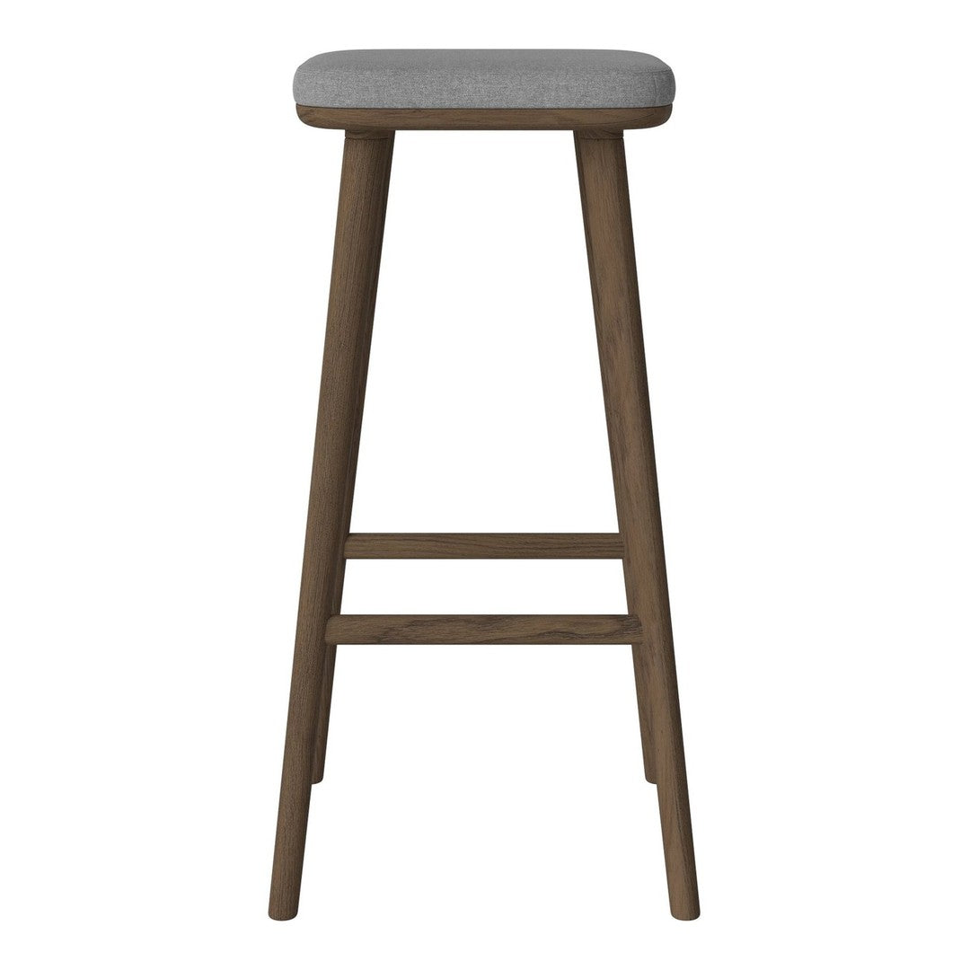 Gray cushioned seat with a natural wood frame, featuring clean lines and minimalistic design. Perfect for modern decor.