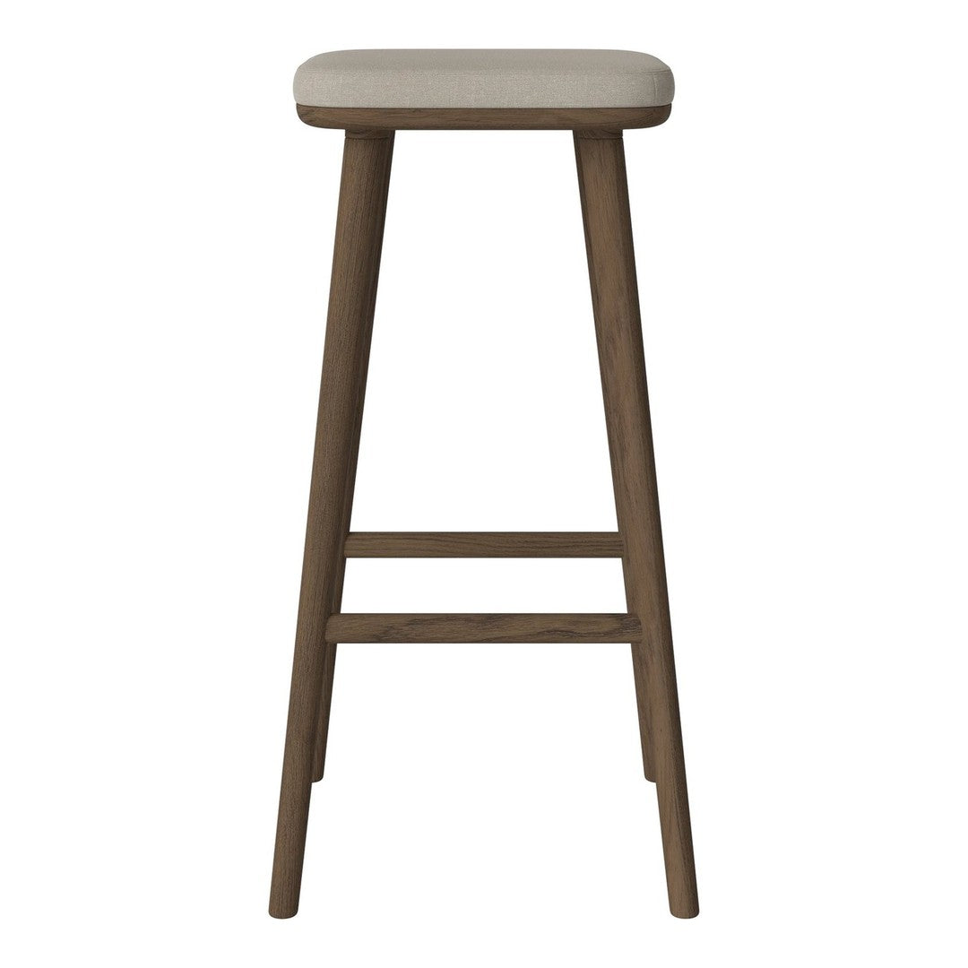 Beige upholstered stool with a natural wood finish, featuring a simple and modern design. Perfect for any setting.