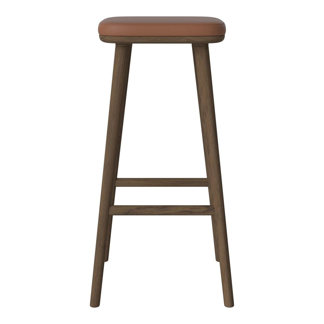 "Brown leather cushion on a sleek wooden bar stool with a natural finish."
