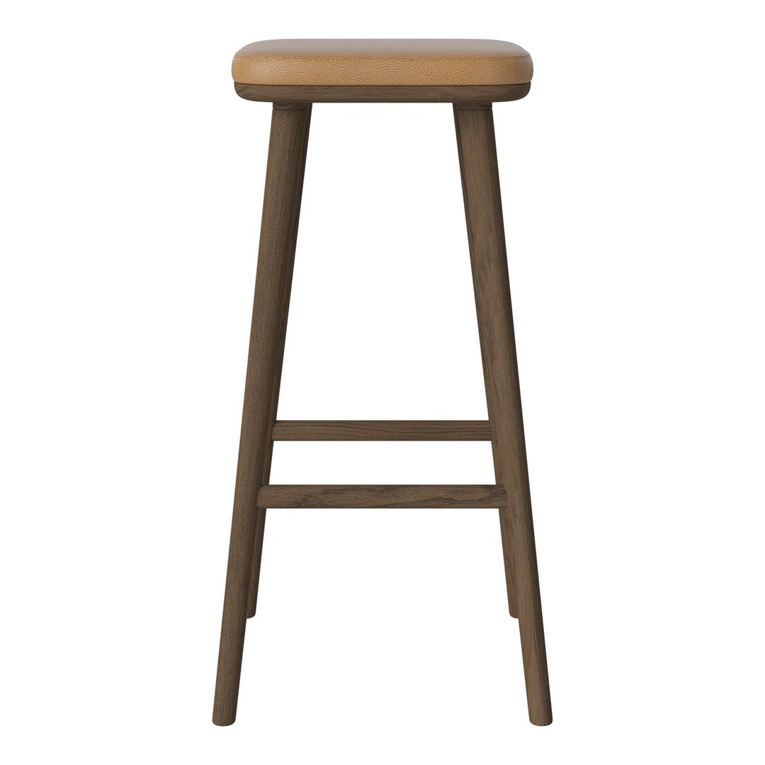 Brown wooden bar stool with a tan seat, featuring a minimalist design and solid construction. Ideal for modern decor.