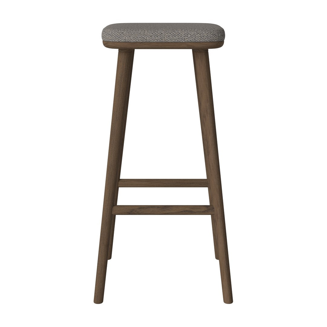 Gray upholstered seat with a brown wooden frame and simple, clean lines. Modern design with a minimalist aesthetic.