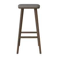 Gray upholstered seat with a brown wooden frame and simple, clean lines. Modern design with a minimalist aesthetic.