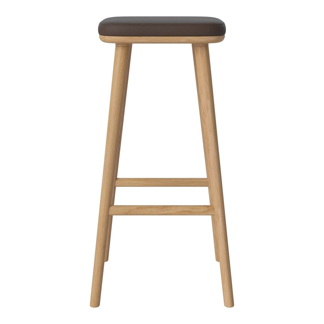 Brown upholstered stool with natural wood legs, featuring a simple, modern design. Ideal for minimalist decor.