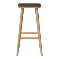 Classic wooden stool with a natural oak finish and a dark brown cushioned seat. Simple and stylish design.