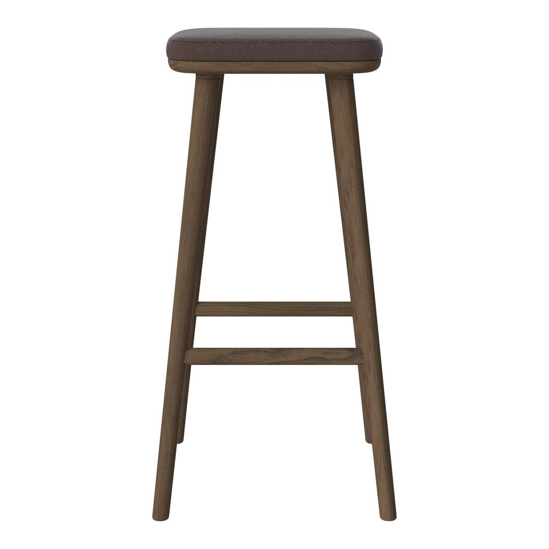 Brown upholstered bar stool with a sleek, minimalist design and wooden legs in a rich walnut finish.