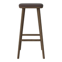 Brown upholstered bar stool with a sleek, minimalist design and wooden legs in a rich walnut finish.