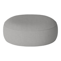 Round, light gray pouf with a smooth, minimalist design and subtle texture. Ideal for modern decor.