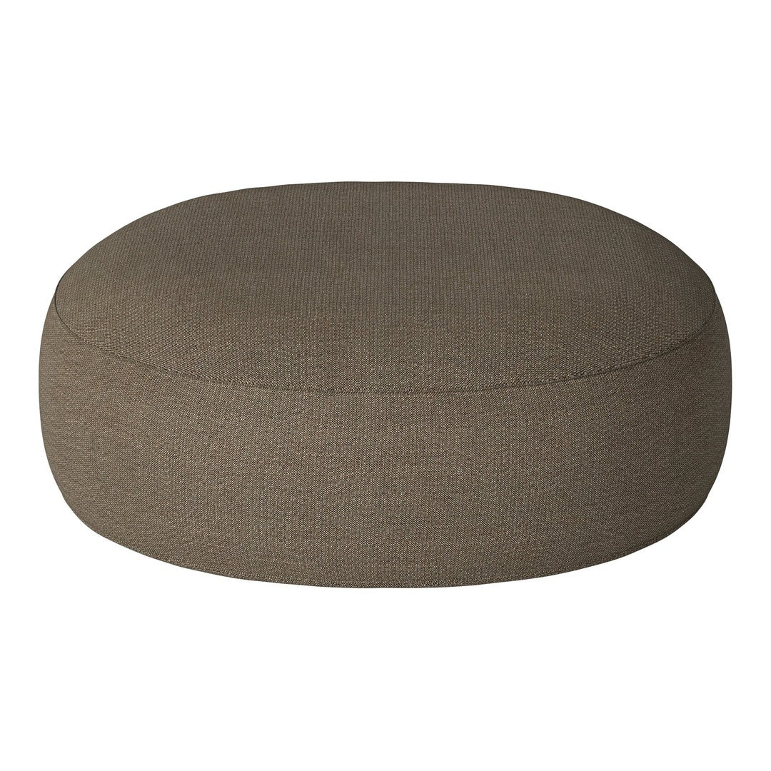 Round, textured brown pouf with a modern, minimalist design. Perfect for any decor style.