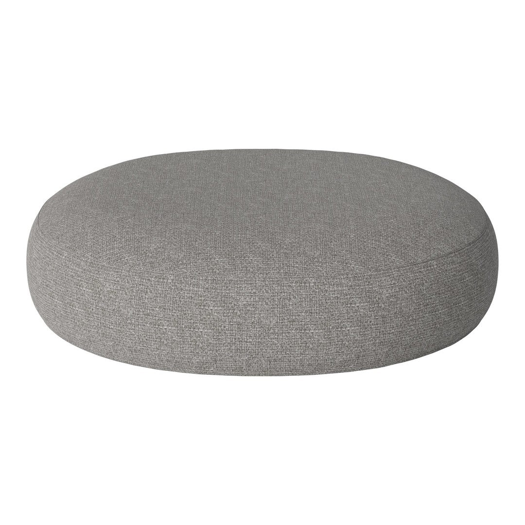 Gray round cushion with a subtle textured pattern, ideal for modern decor.