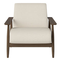 Cream upholstered chair with minimalist design and wooden frame, featuring soft, neutral tones. Perfect for modern decor.