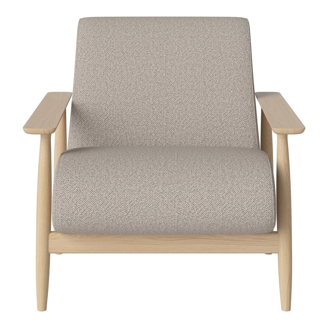 Light gray upholstered armchair with a textured pattern and natural wood frame.