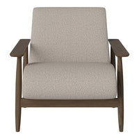 Light gray upholstered armchair with a textured pattern and wooden frame in a warm brown finish.