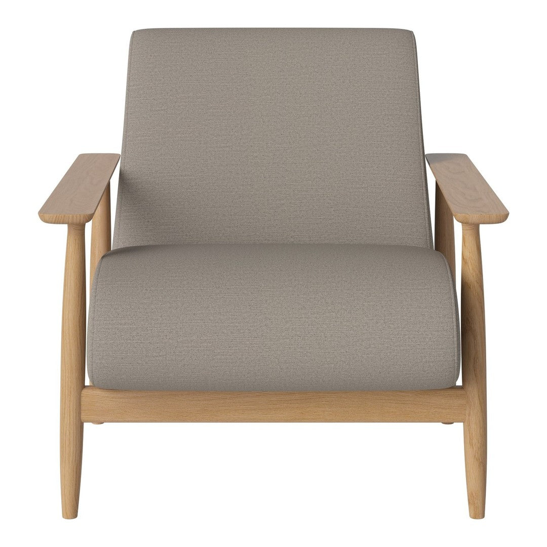 Light gray upholstered chair with a textured pattern and natural wood arms, perfect for modern decor.