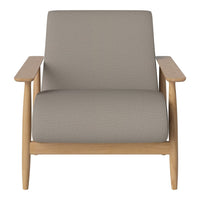 Light gray upholstered chair with a textured pattern and natural wood arms, perfect for modern decor.