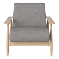 Gray upholstered armchair with a sleek design and natural wood arms, perfect for modern decor.