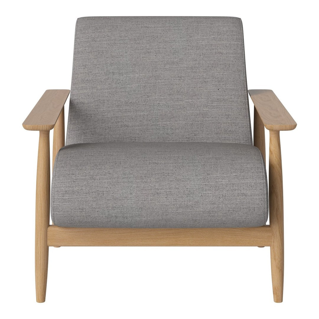 Gray upholstered armchair with a natural wood frame, featuring a simple and modern design.