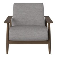 Gray upholstered armchair with a textured fabric, complemented by a warm wood frame. Simple, modern design.