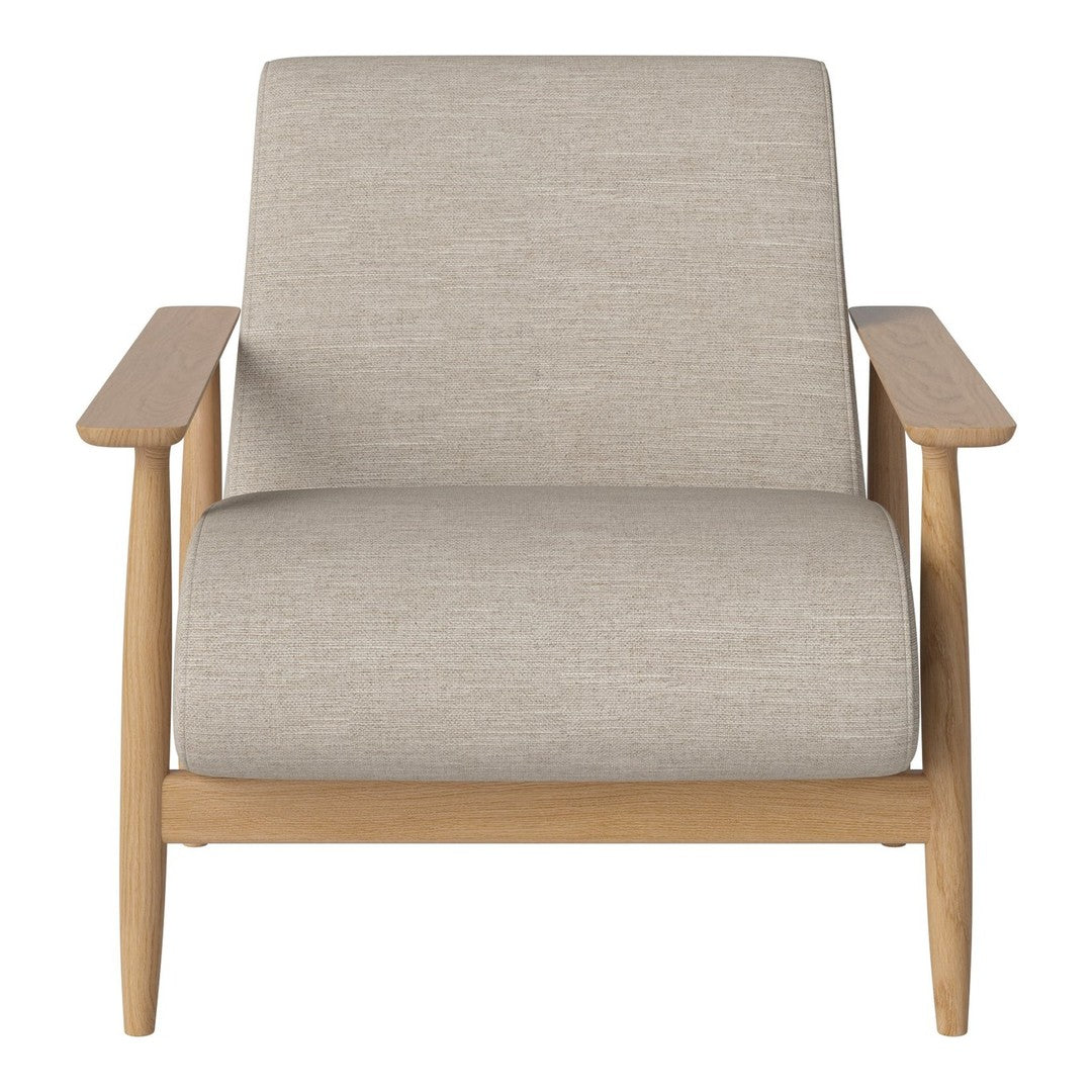 Light beige upholstery with subtle texture on a modern wooden armchair. Natural wood accents enhance its minimalist design.