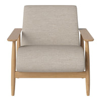 Light beige upholstery with subtle texture on a modern wooden armchair. Natural wood accents enhance its minimalist design.
