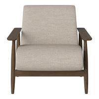 Light beige upholstered chair with a smooth texture and dark wooden arms. Simple, modern design.