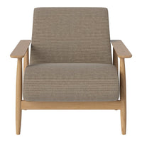 Gray striped upholstery on a minimalist wooden chair with natural oak finish. Perfect for modern decor.