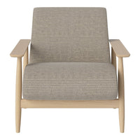 Gray striped upholstery on a modern armchair with light wood frame. Contemporary and stylish for any living space.