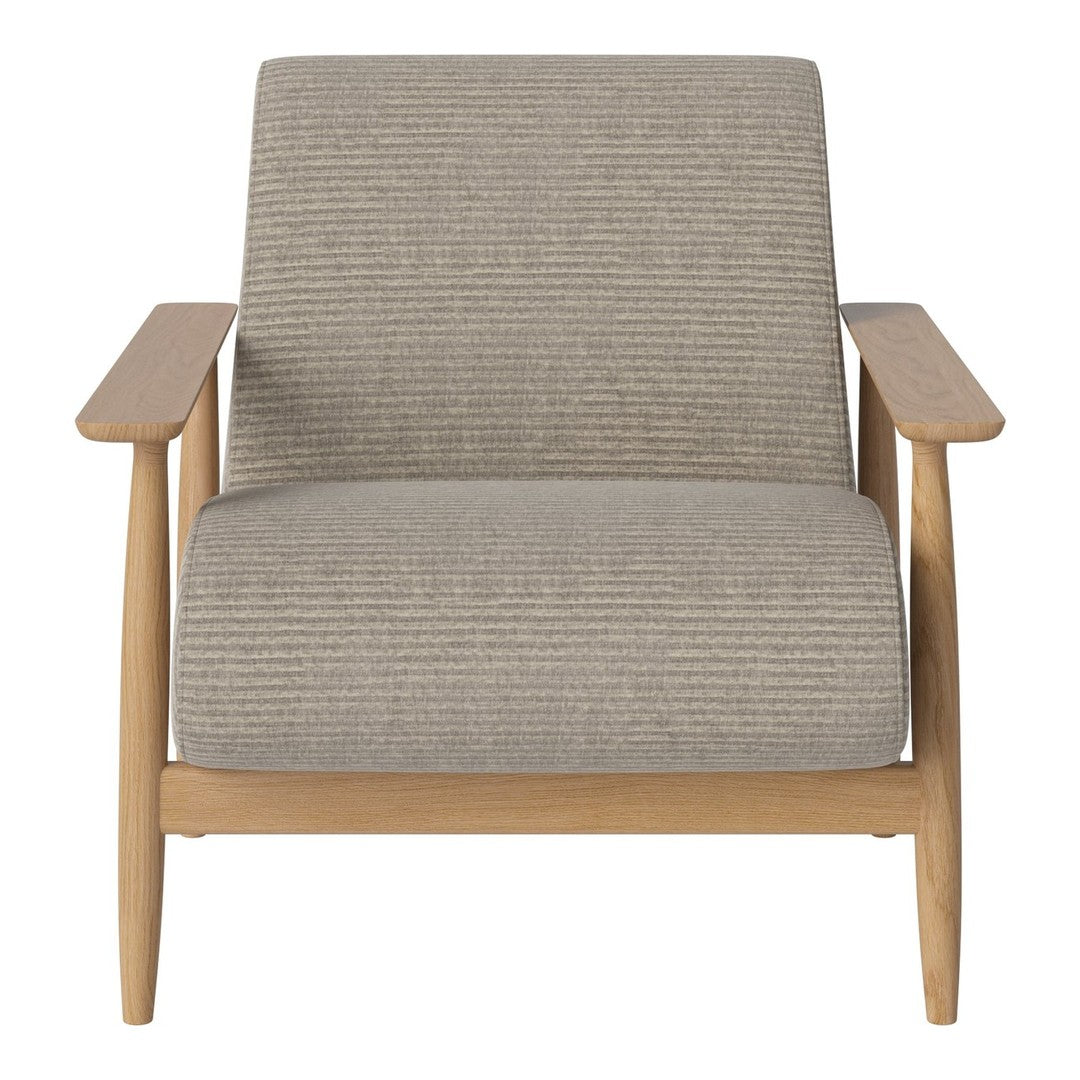 Light gray striped fabric armchair with natural wood frame, perfect for modern decor.
