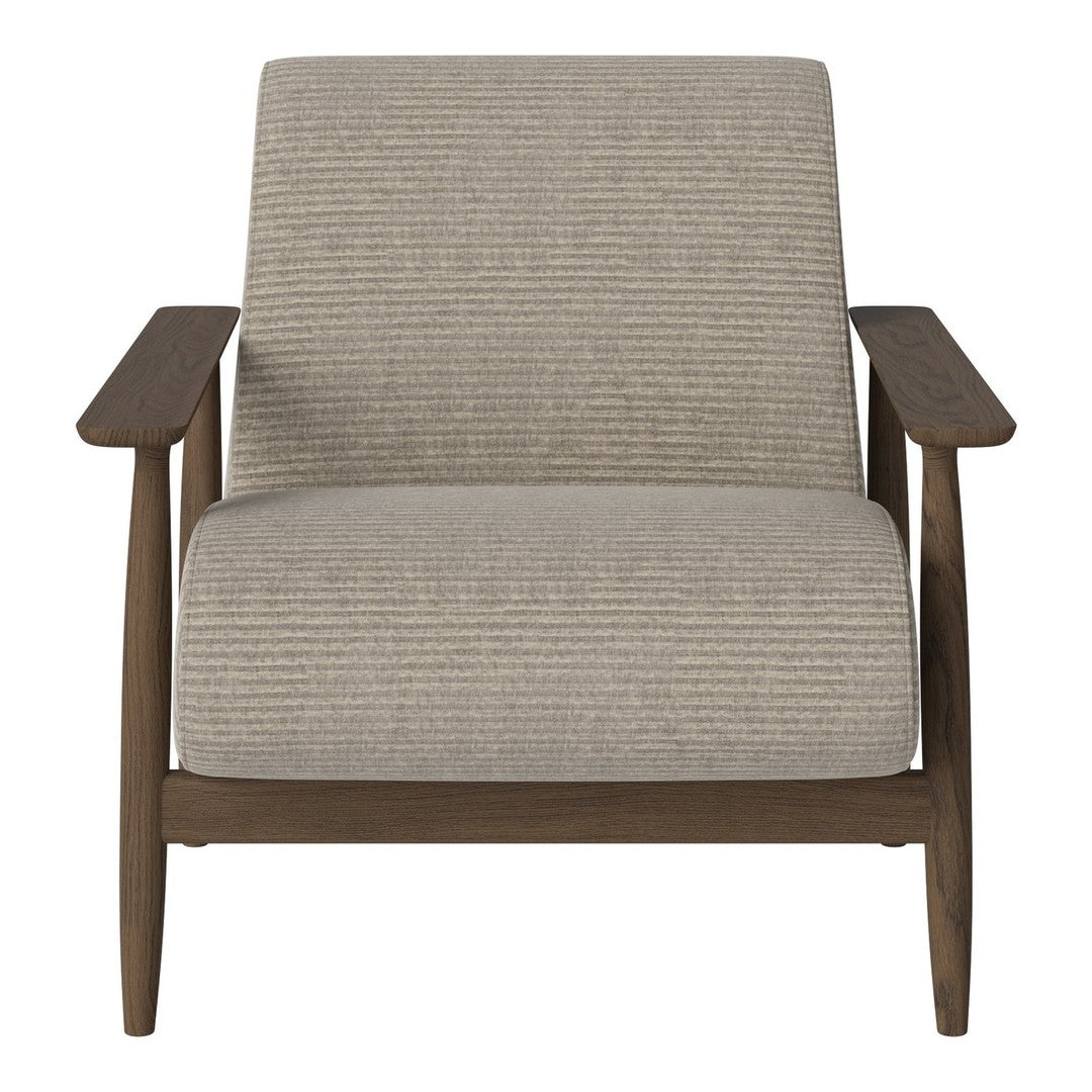 Light gray striped upholstery armchair with a natural wood frame, adding a modern touch to any space.