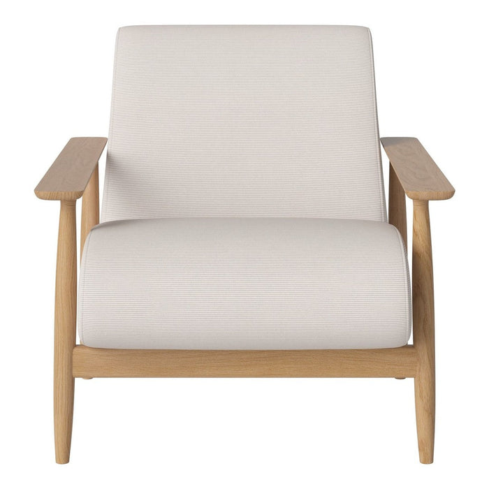 Light beige fabric armchair with natural wood arms and minimalist design, perfect for modern decor.