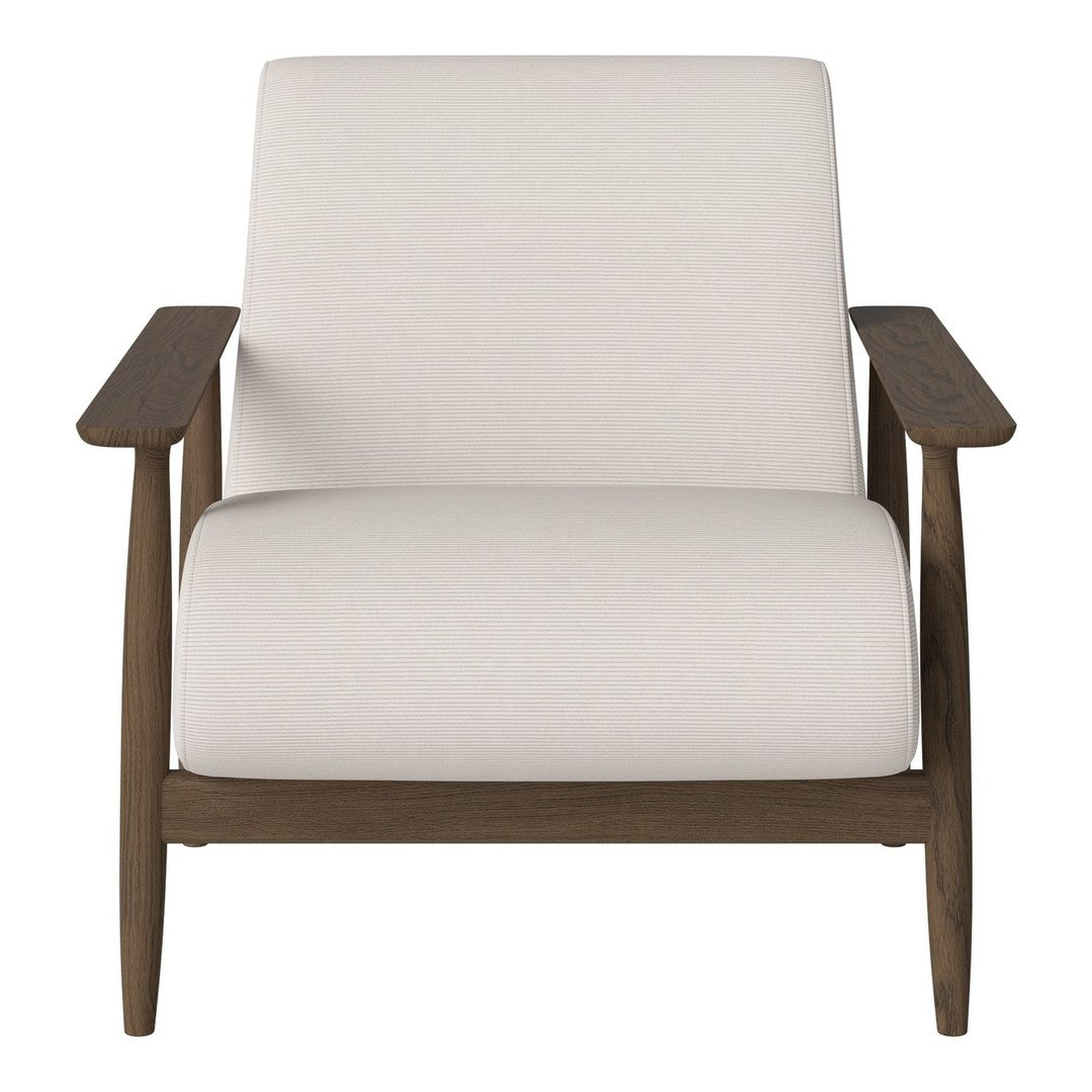 Light beige upholstered armchair with natural wood legs, featuring a minimalist design and smooth lines.