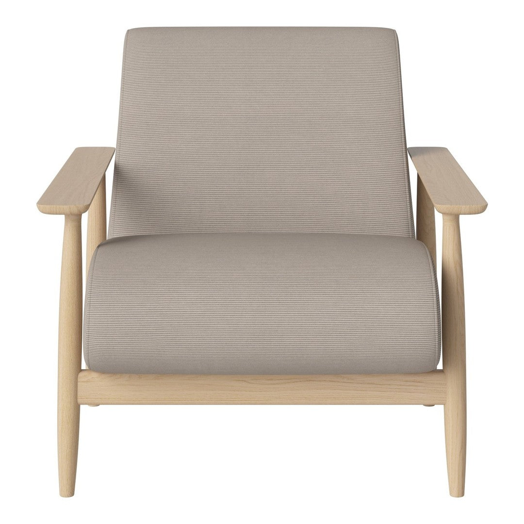 Light gray upholstered chair with natural wood arms, featuring a minimalist design and smooth fabric texture.