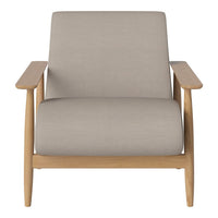Light gray fabric armchair with natural wood frame and minimalist design, perfect for modern decor.
