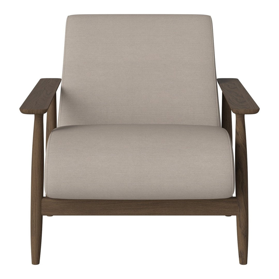 Beige upholstered chair with a sleek wooden frame and smooth, minimalist design. Perfect for modern decor.