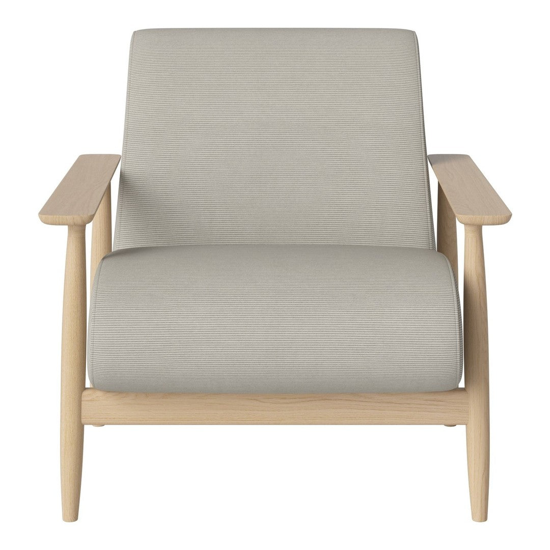 Light gray upholstered chair with natural wood arms and legs, offering a minimalistic and modern design.