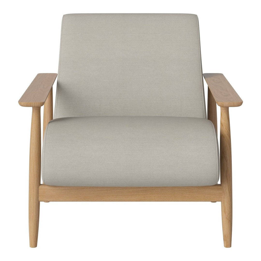 Modern light gray upholstered chair with natural wood armrests, featuring clean lines and minimalist design.