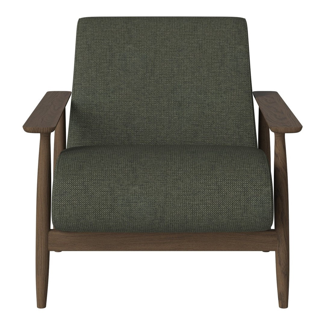 Green upholstered armchair with a textured pattern and wooden frame, perfect for modern home decor.