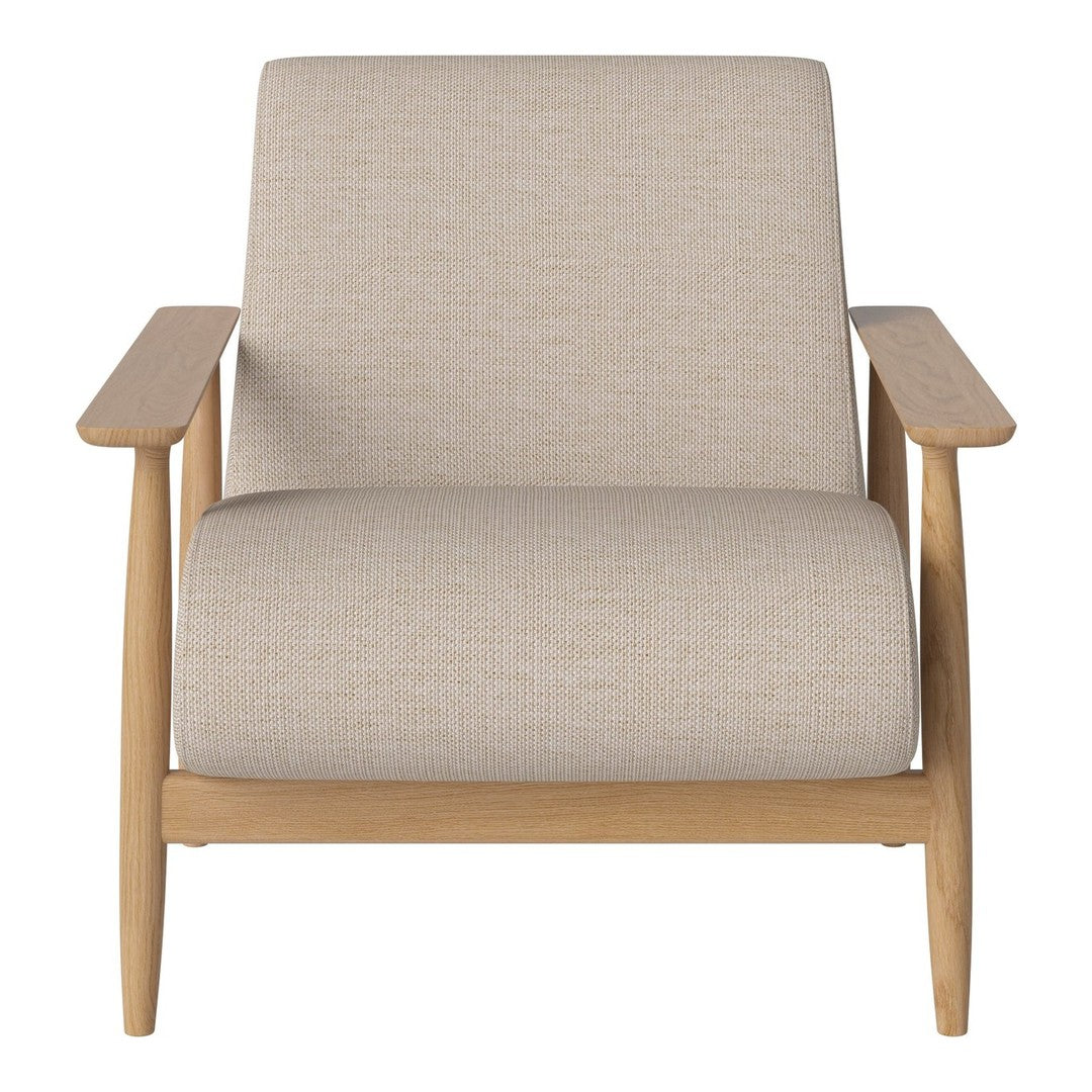 Beige upholstered armchair with a textured pattern, complemented by light wooden armrests and legs.