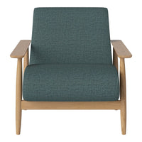 Mid-century modern chair featuring a teal textured fabric and light wood frame. Ideal for stylish decor.