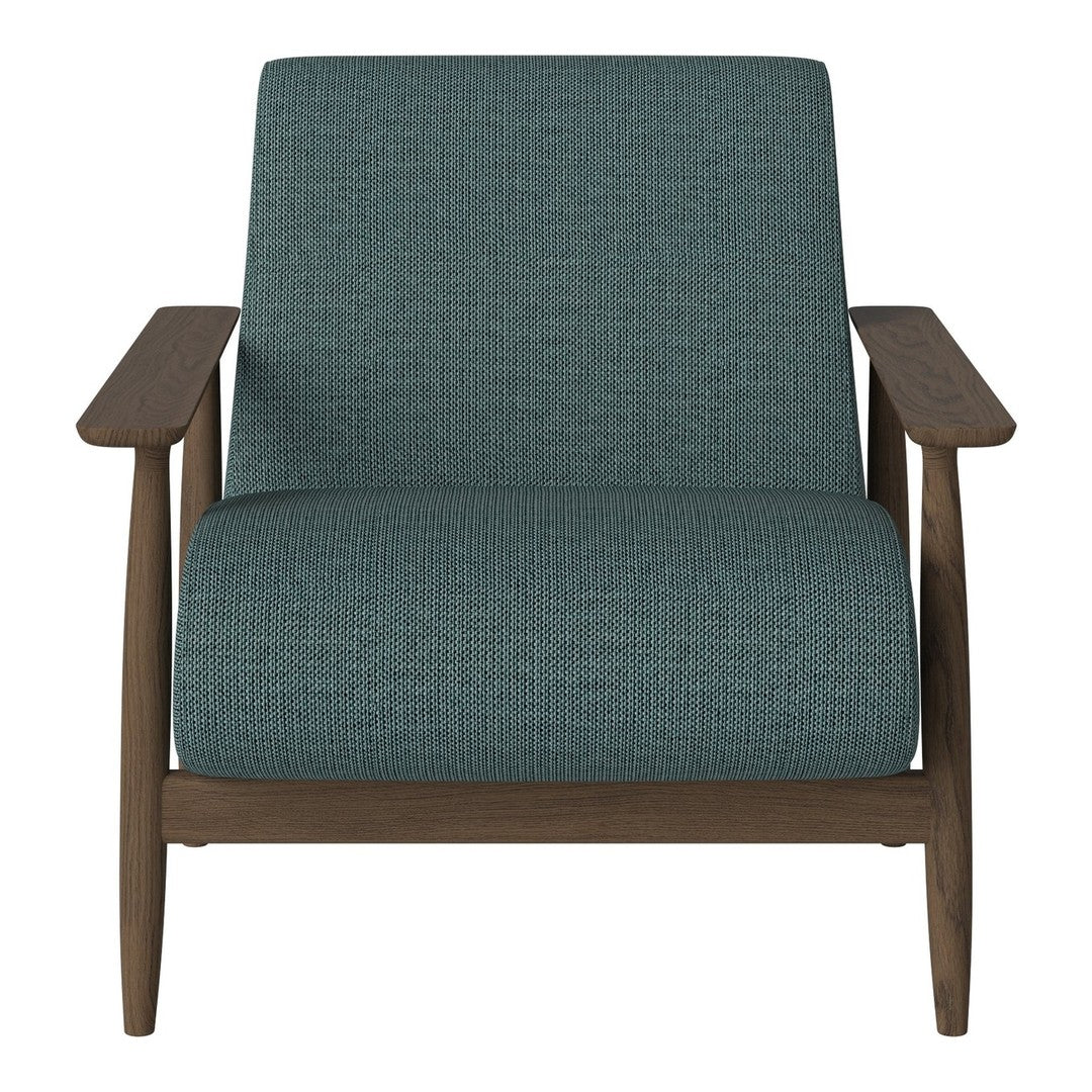 Teal upholstered armchair with a textured pattern and wooden armrests. Modern and stylish addition to any room.