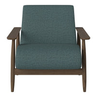 Teal upholstered armchair with a textured pattern and wooden armrests. Modern and stylish addition to any room.