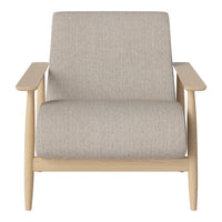 Light gray upholstered chair with a minimalistic design and natural wood arms, perfect for modern decor.