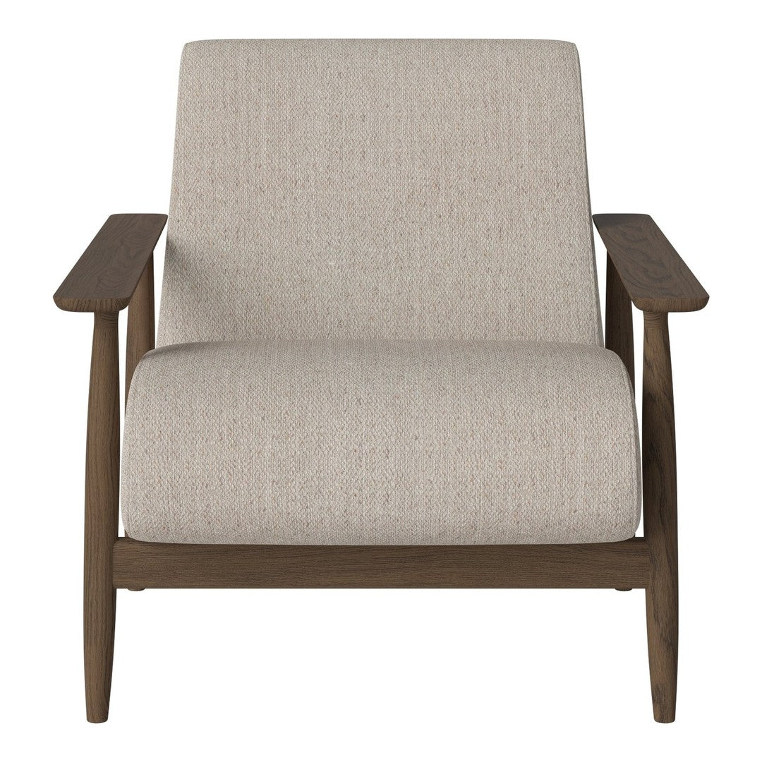 Light beige fabric armchair with a sleek wooden frame and minimalist design. Perfect for modern decor.