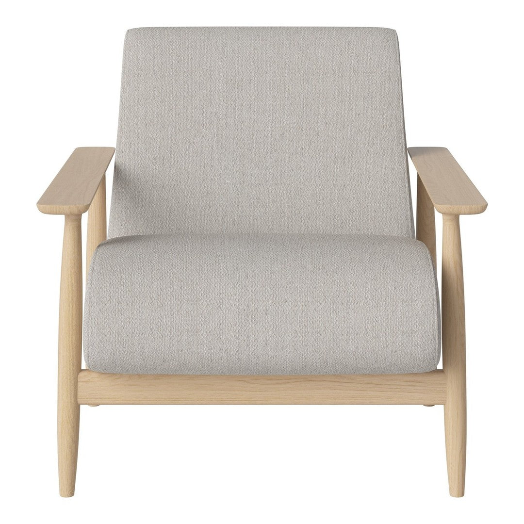 Light gray upholstered chair with a minimalist design and natural wood arms. Perfect for modern interiors.