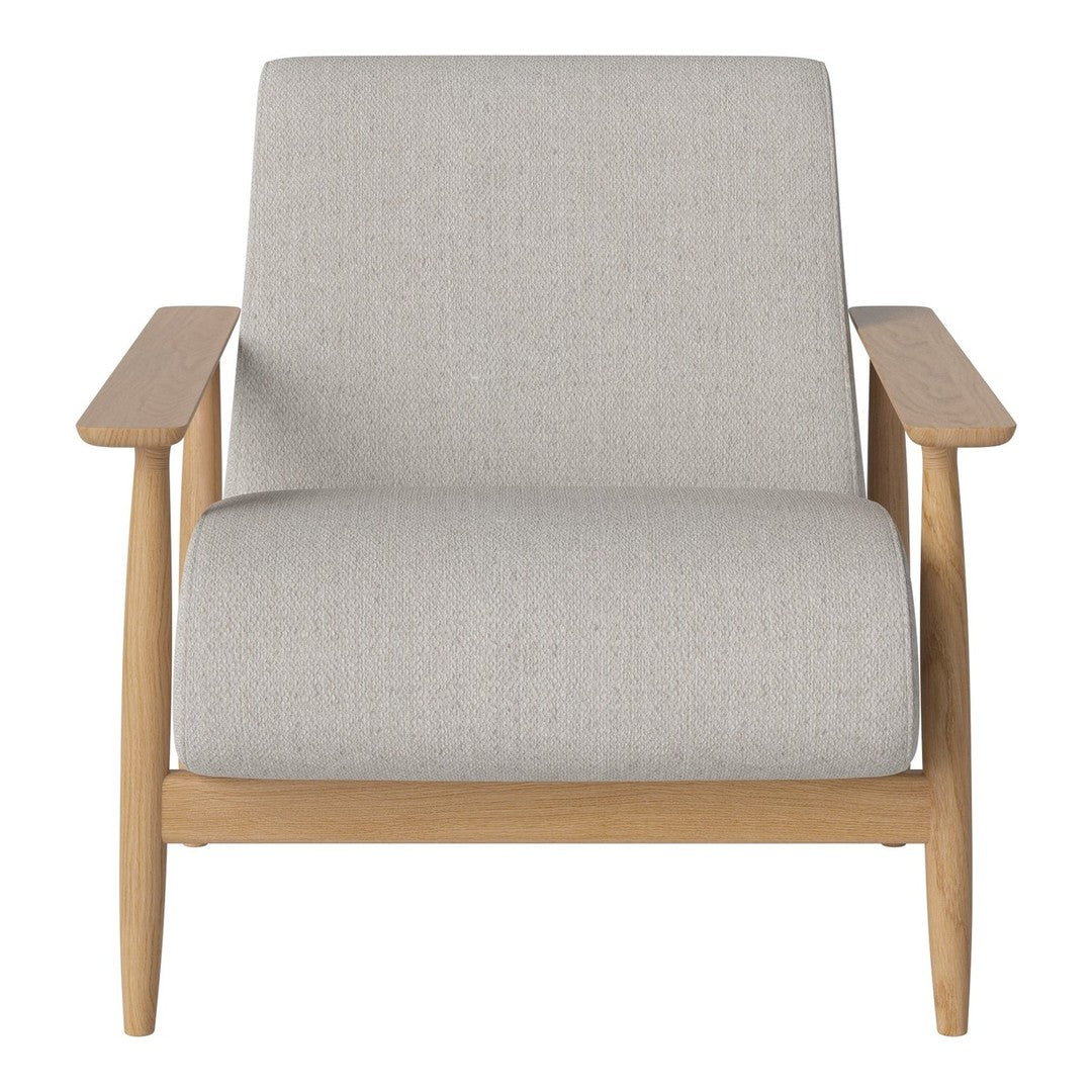 Light gray upholstered armchair with natural wood frame, showcasing a minimalist design and subtle texture.