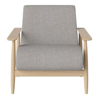 Gray textured fabric armchair with light wood arms and minimalist Scandinavian design. Perfect for modern decor.