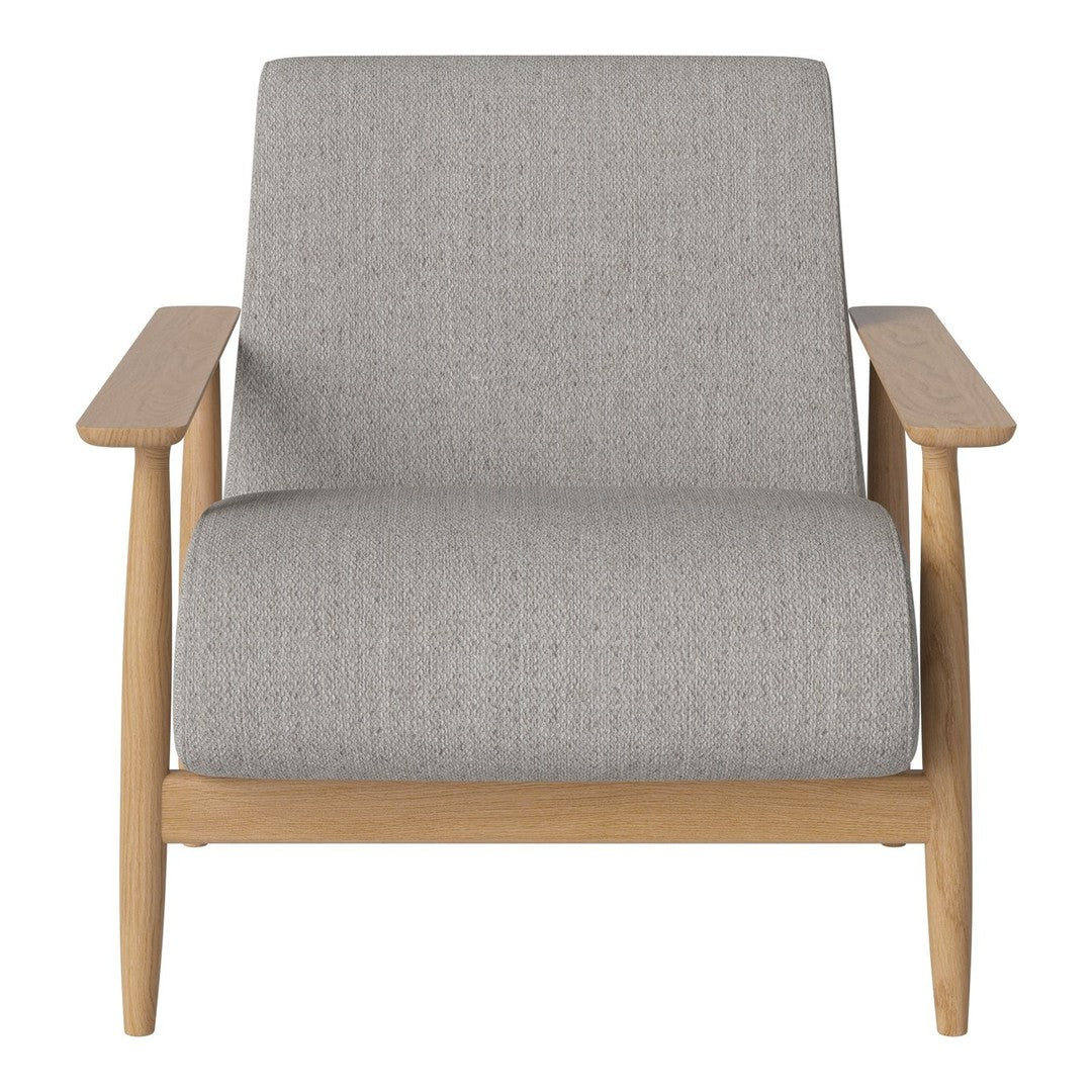 Gray upholstered chair with a textured pattern, featuring light wood legs and arms for a modern look.