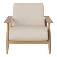 Beige patterned fabric armchair with light wood frame and minimalist design. Perfect for modern decor.